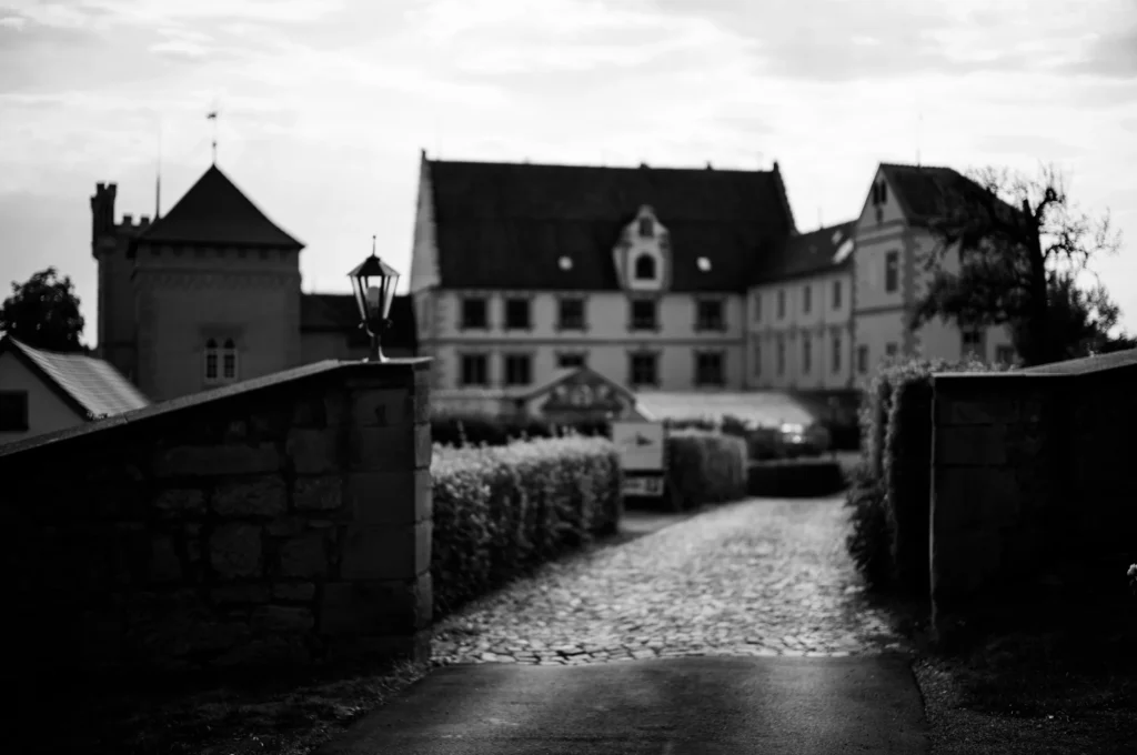 Schloss hinter Hecken, Schwarzweiß